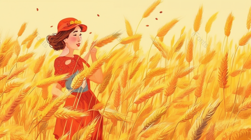 高贵夫人女人红色裙子秋季麦田稻谷麦穗丰收金色黄色插画,插画/手绘图,插画/手绘图库,插画/手绘图下载,插画/手绘